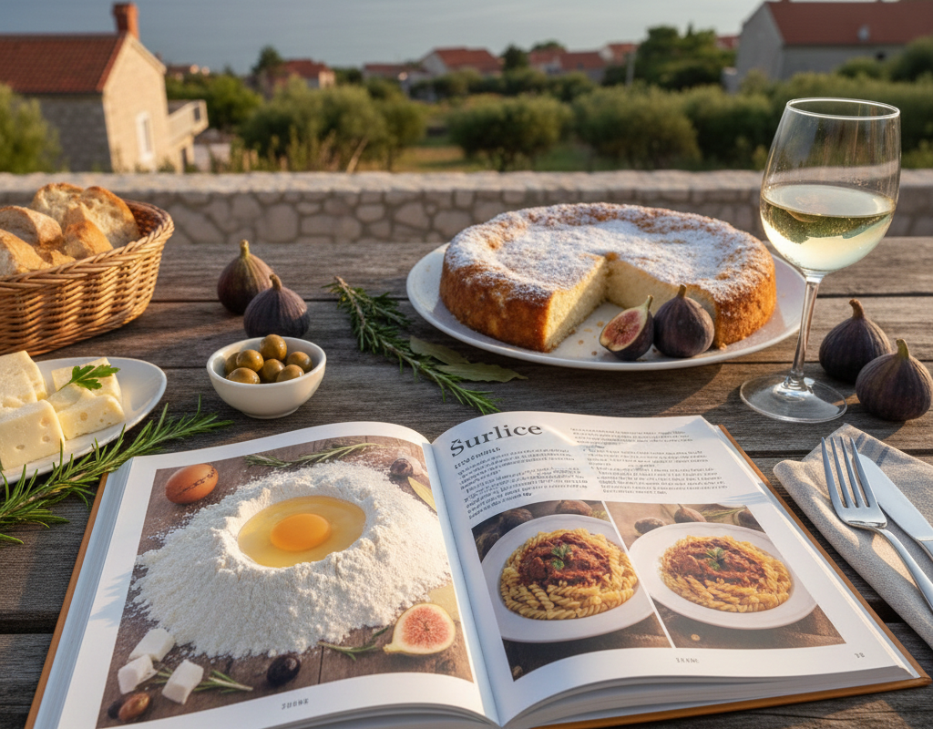 Hausgemachte kroatische Pasta (Šurlice) mit einer kräftigen Gulaschsauce auf einem Keramikteller, ein Klassiker der kroatischen Rezepte auf Krk.