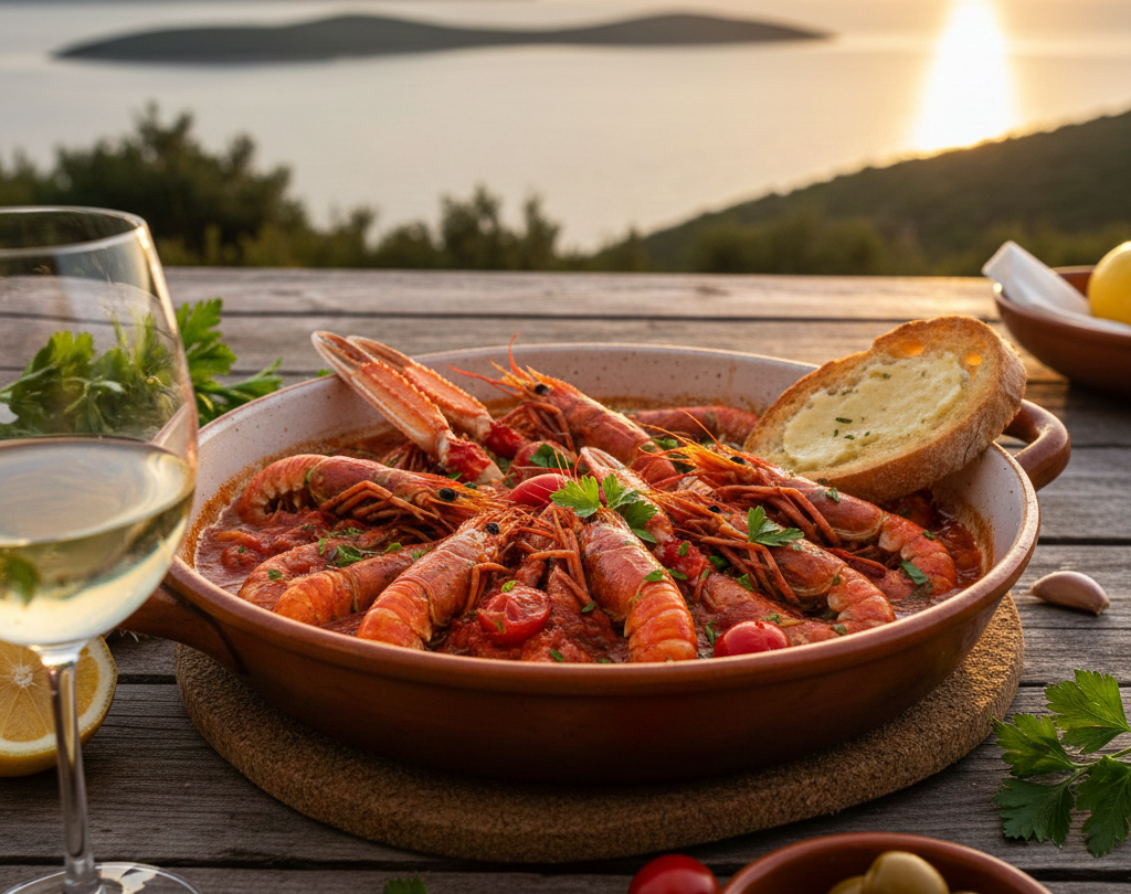 Pfanne mit fangfrischen Kvarner Scampi na Buzara in Tomaten-Knoblauch-Sauce vor einer Küstenkulisse bei Sonnenuntergang.