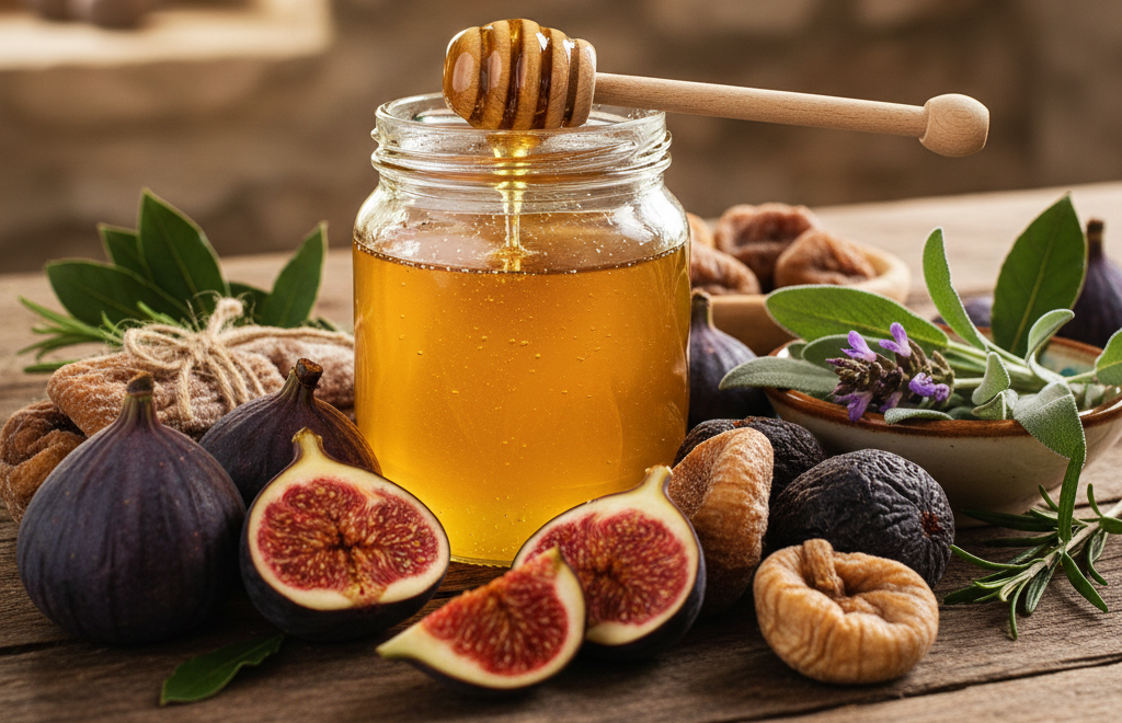 Glas goldener Salbeihonig neben frischen und getrockneten Feigen von der Insel Krk.