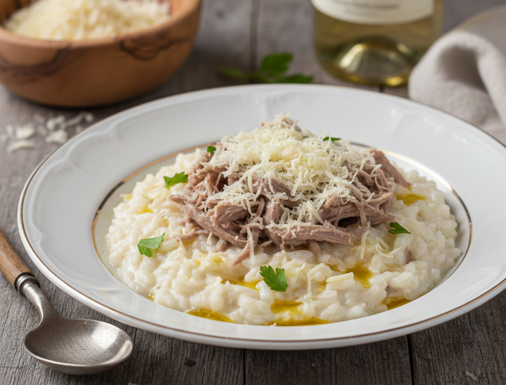 Cremiges Skradin Risotto in einem tiefen Teller mit zartem Kalbfleisch und frisch geriebenem Pager Käse garniert.