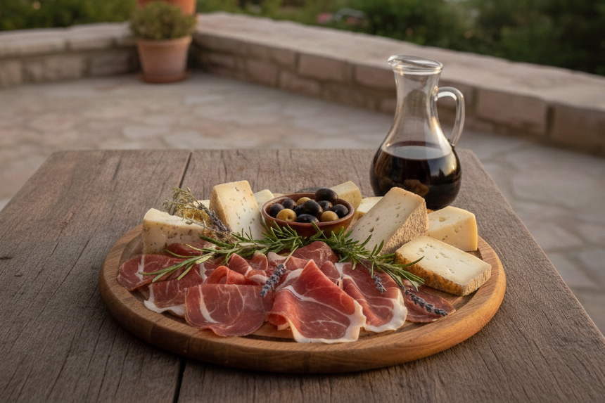Mediterrane Abendplatte mit Krker Schinken, Schafskäse, Oliven und Wein vor einem stimmungsvollen Hintergrund.