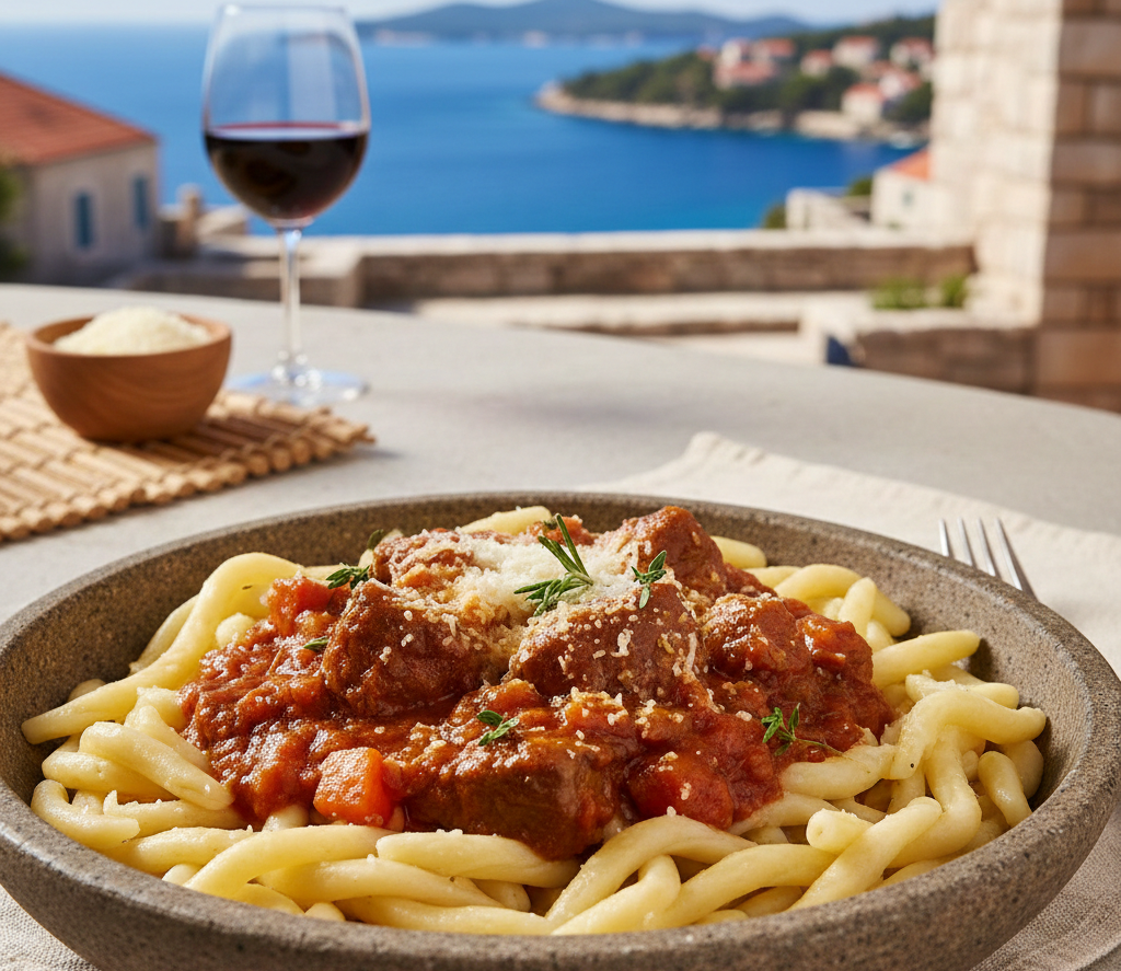 Teller mit traditionellen Šurlice Nudeln und herzhaftem Lammragout, garniert mit frischen Kräutern – kroatische Spezialität.