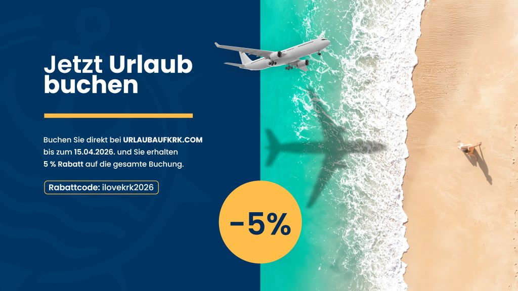 Insel Krk Urlaub Rabattcode ilovekrk2026 für 5 Prozent Preisnachlass bei Direktbuchung.