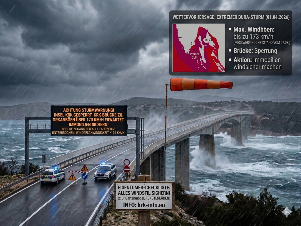 Die Krk-Brücke in Kroatien während eines extremen Bura-Sturms mit starkem Wellengang und dunklen Wolken.