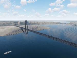 Visualisierung der neuen, zweistöckigen Krk-Brücke in Kroatien für Autos und Züge
