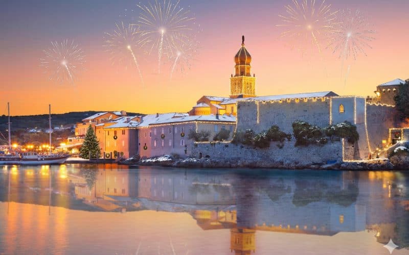 Ein festlich beleuchteter Glühweinstand direkt am Meer während des Adventmarkts auf der Insel Krk.