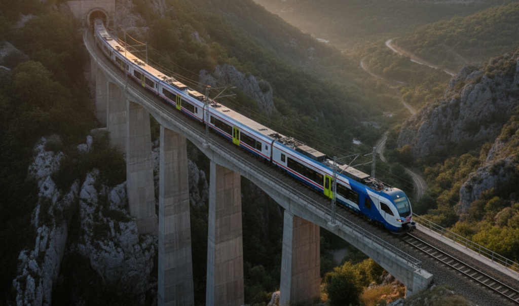 Moderner Zug fährt auf der Strecke zwischen Zagreb und Rijeka vor der Kulisse der Kvarner Bucht.