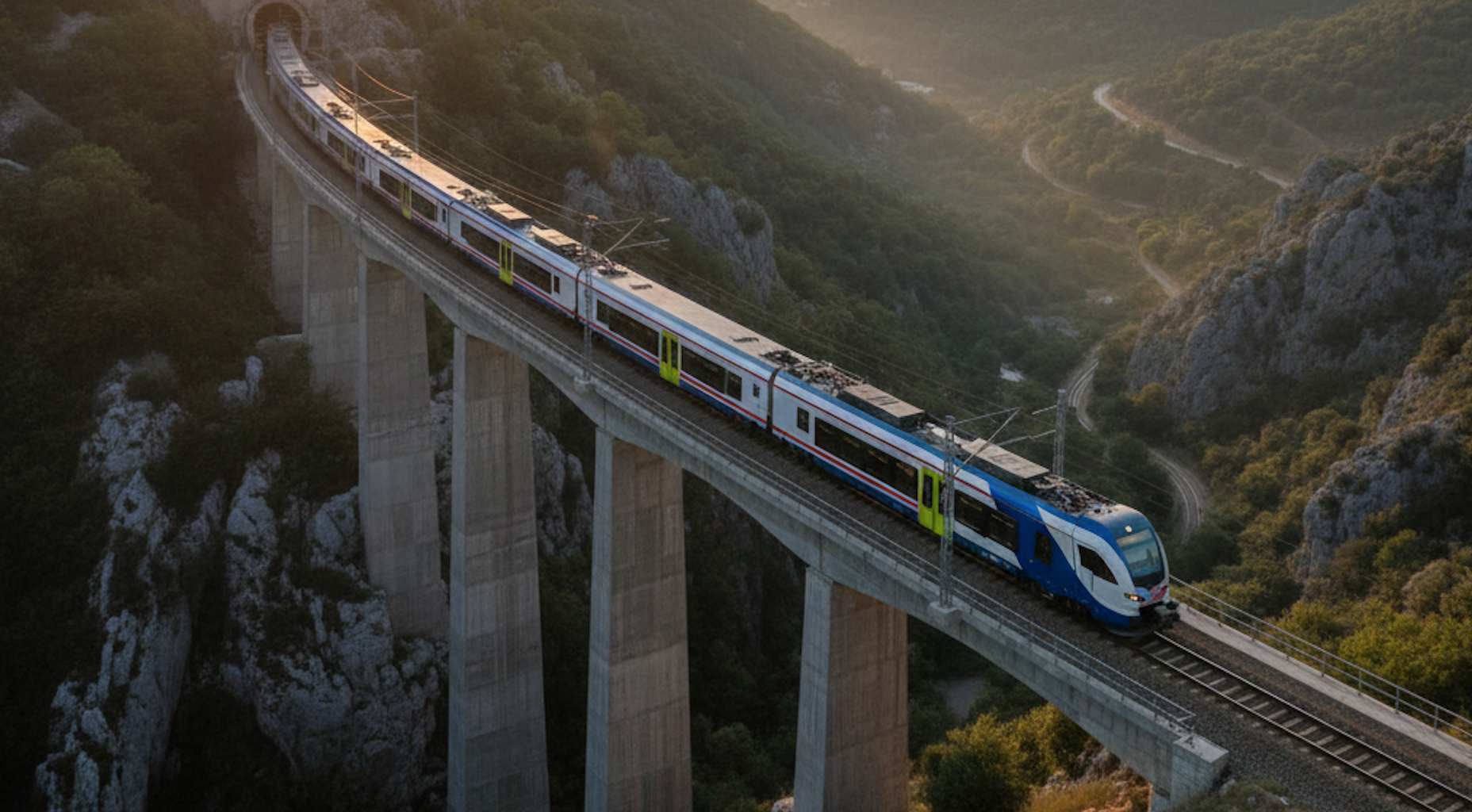 Moderner Zug fährt auf der Strecke zwischen Zagreb und Rijeka vor der Kulisse der Kvarner Bucht.