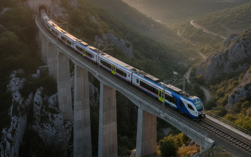 Moderner Zug fährt auf der Strecke zwischen Zagreb und Rijeka vor der Kulisse der Kvarner Bucht.