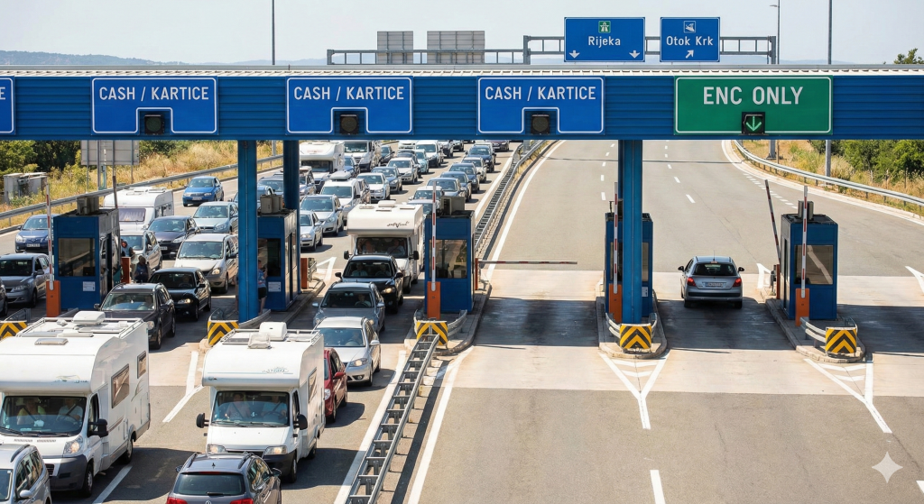 Kroatische Mautstation im Sommer: Stau auf den Spuren für "CASH / KARTICE" (links) im Vergleich zur freien Fahrt auf der grünen "ENC ONLY"-Spur (rechts) auf der Autobahn Richtung Rijeka und Otok Krk.