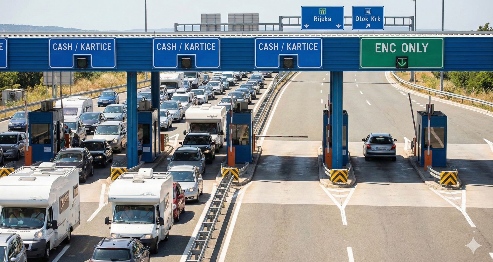 Kroatische Mautstation im Sommer: Stau auf den Spuren für "CASH / KARTICE" (links) im Vergleich zur freien Fahrt auf der grünen "ENC ONLY"-Spur (rechts) auf der Autobahn Richtung Rijeka und Otok Krk.