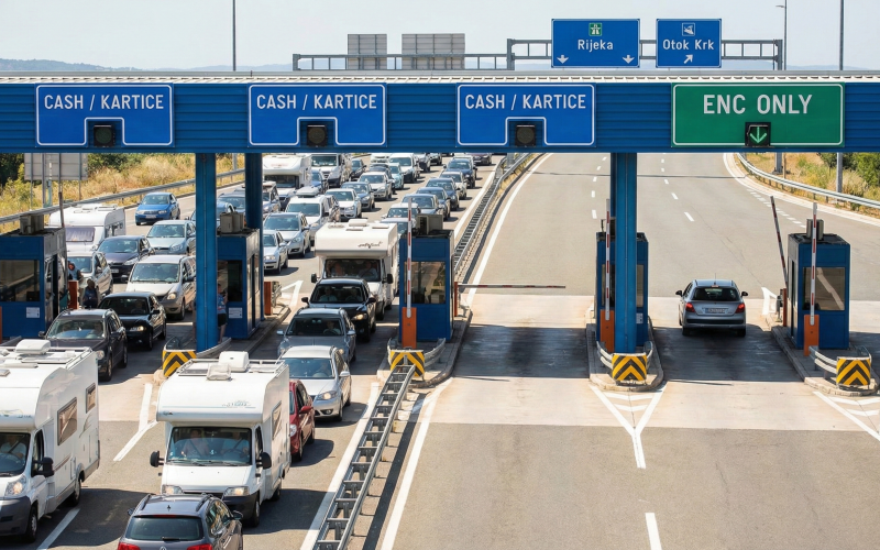 Kroatische Mautstation im Sommer: Stau auf den Spuren für "CASH / KARTICE" (links) im Vergleich zur freien Fahrt auf der grünen "ENC ONLY"-Spur (rechts) auf der Autobahn Richtung Rijeka und Otok Krk.