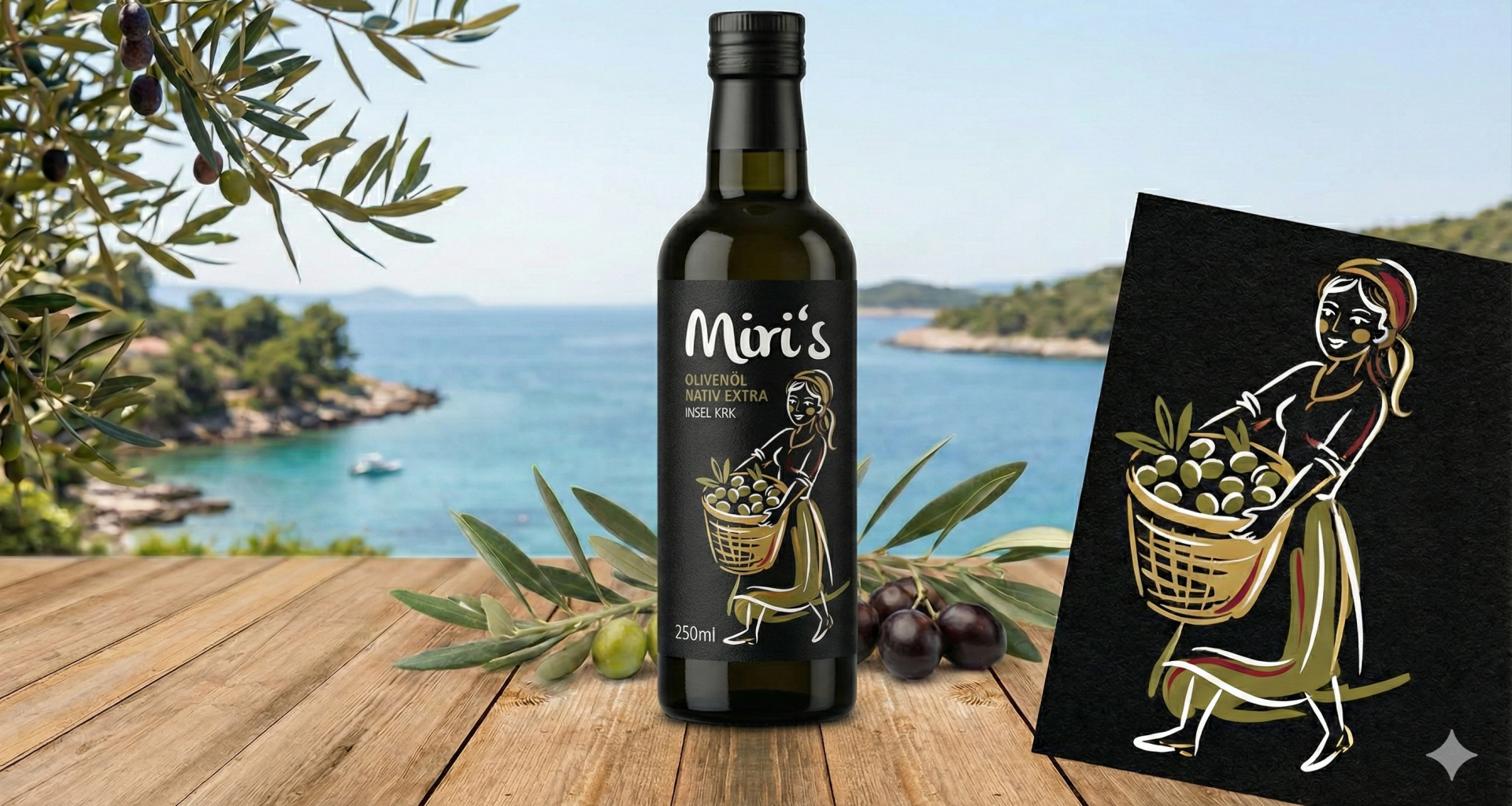 Flasche Miris Olivenöl von der Insel Krk, ein zertifiziertes Krčko maslinovo ulje in Premium-Qualität.