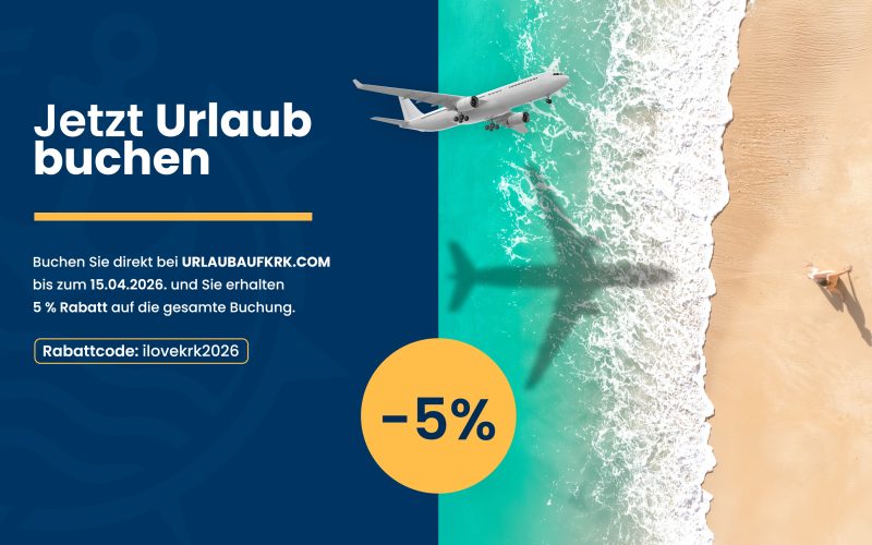 Insel Krk Urlaub Rabattcode ilovekrk2026 für 5 Prozent Preisnachlass bei Direktbuchung.