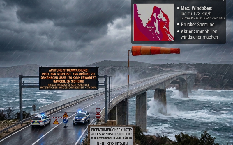 Die Krk-Brücke in Kroatien während eines extremen Bura-Sturms mit starkem Wellengang und dunklen Wolken.