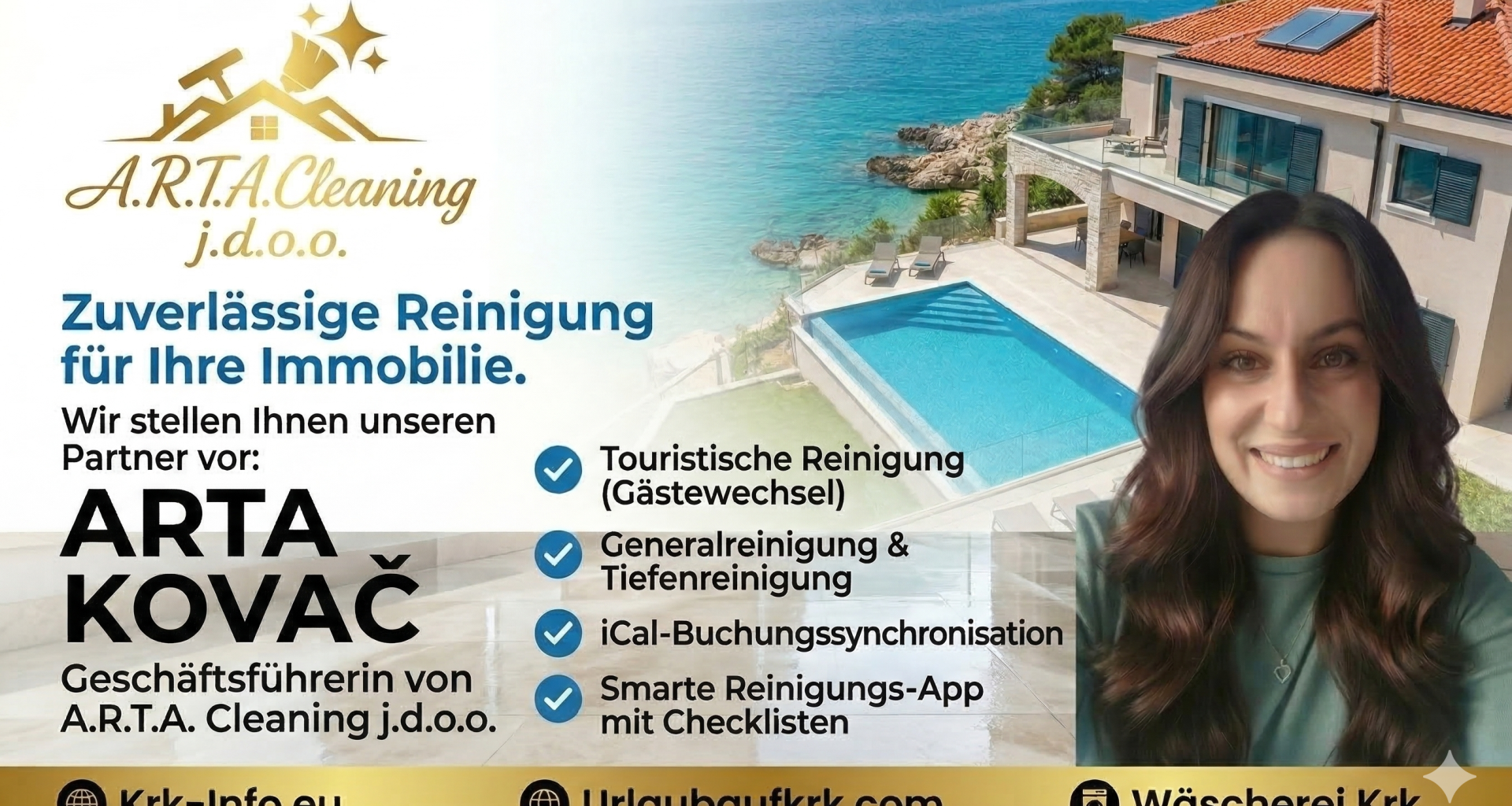 Arta Kovač, Geschäftsführerin der Reinigungsfirma A.R.T.A. Cleaning j.d.o.o., bietet professionelle Reinigung für Ferienvillen auf der Insel Krk.