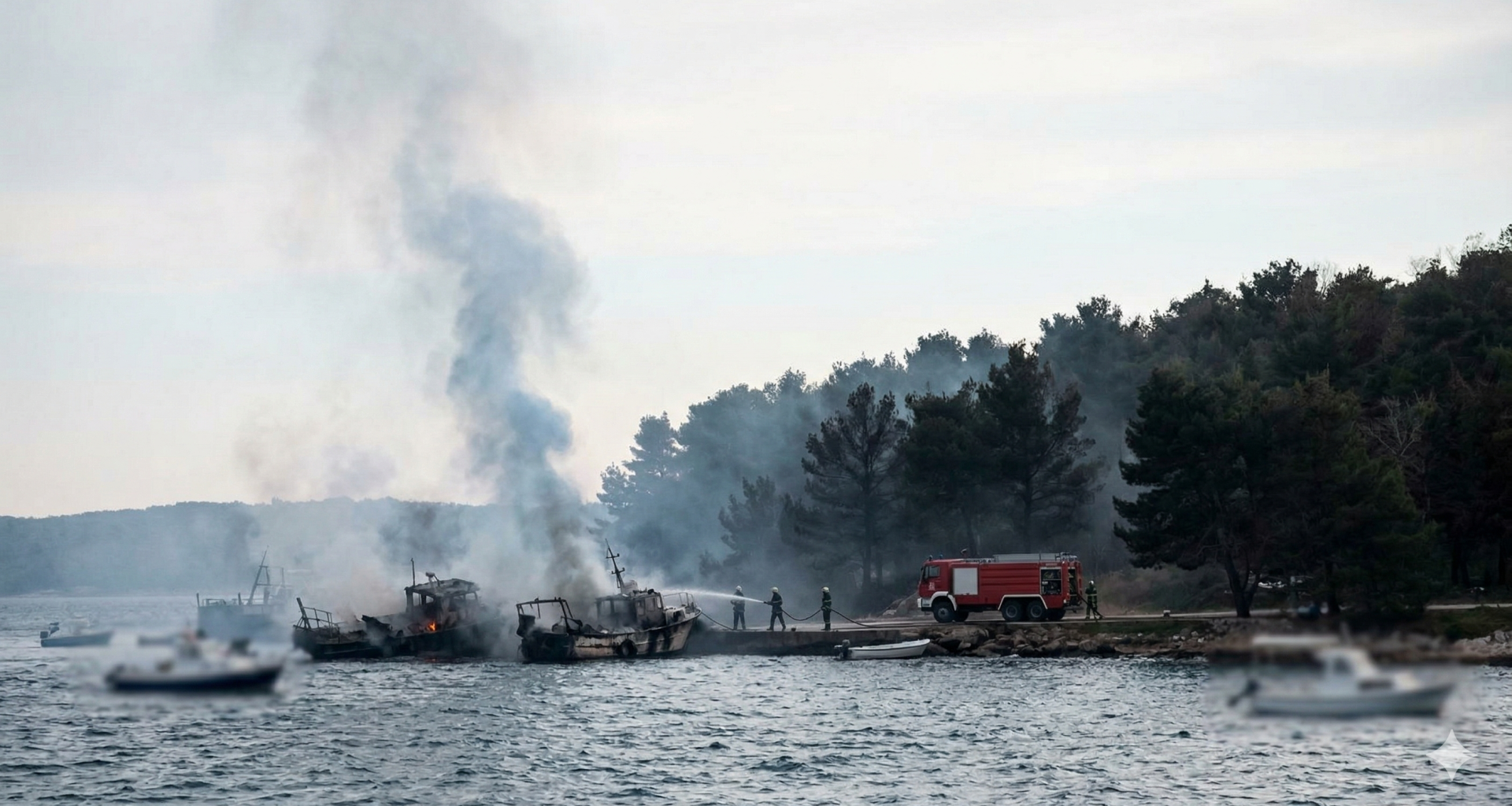 Brand in Omišalj Krk Fischerboote Feuer Waldbrandgefahr.