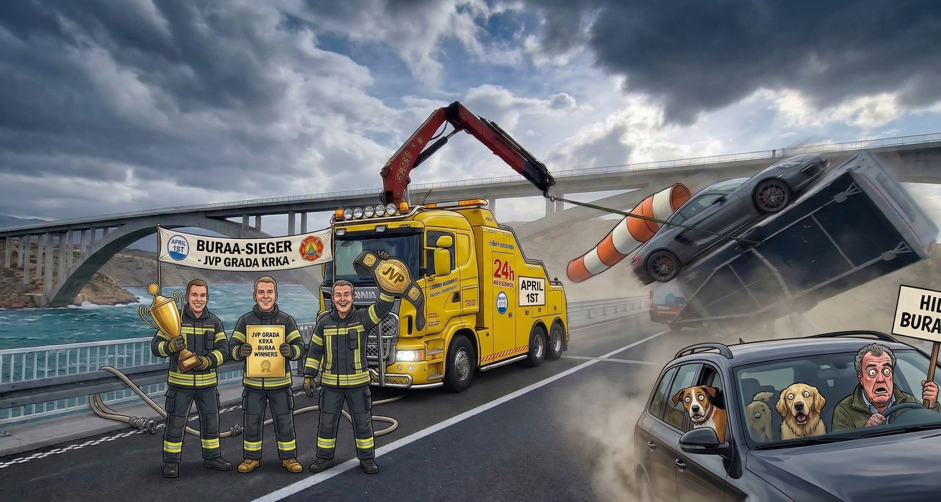 Karikatur der Krk-Brücke bei Bura mit fliegendem Anhänger und siegreicher Feuerwehr JVP Krk.