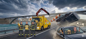 Karikatur der Krk-Brücke bei Bura mit fliegendem Anhänger und siegreicher Feuerwehr JVP Krk.