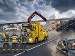 Karikatur der Krk-Brücke bei Bura mit fliegendem Anhänger und siegreicher Feuerwehr JVP Krk.