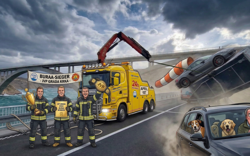 Karikatur der Krk-Brücke bei Bura mit fliegendem Anhänger und siegreicher Feuerwehr JVP Krk.
