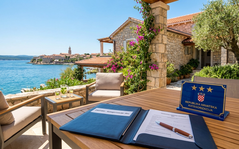 Offizielles blaues Schild mit drei Sternen zur Kategorisierung und Antragsdokumente auf einem Tisch auf einer Terrasse mit Meerblick auf der Insel Krk.