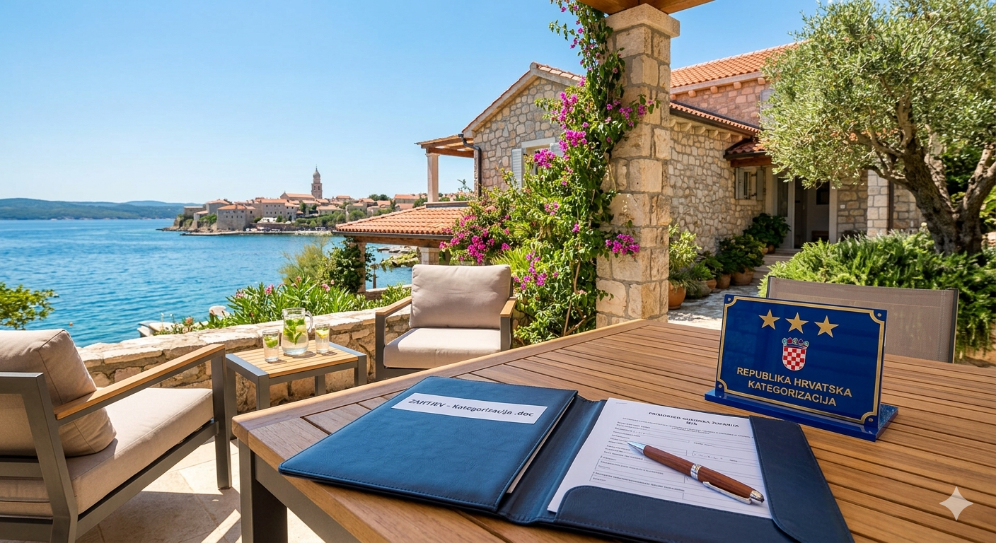 Offizielles blaues Schild mit drei Sternen zur Kategorisierung und Antragsdokumente auf einem Tisch auf einer Terrasse mit Meerblick auf der Insel Krk.
