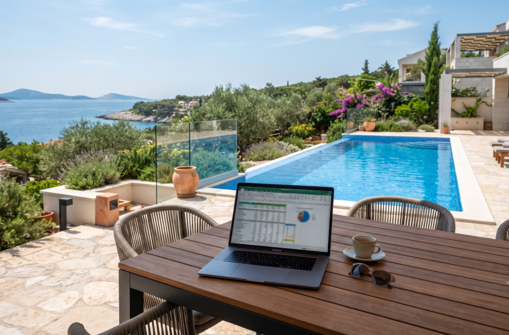 Ein Tablet zeigt einen interaktiven Rendite-Rechner für Ferienimmobilien, im Hintergrund eine luxuriöse Villa mit Pool auf der Insel Krk in Kroatien.