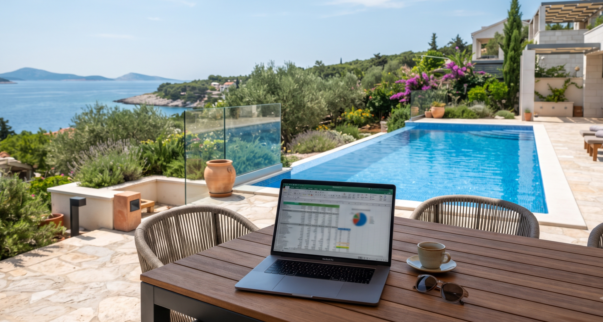Ein Tablet zeigt einen interaktiven Rendite-Rechner für Ferienimmobilien, im Hintergrund eine luxuriöse Villa mit Pool auf der Insel Krk in Kroatien.