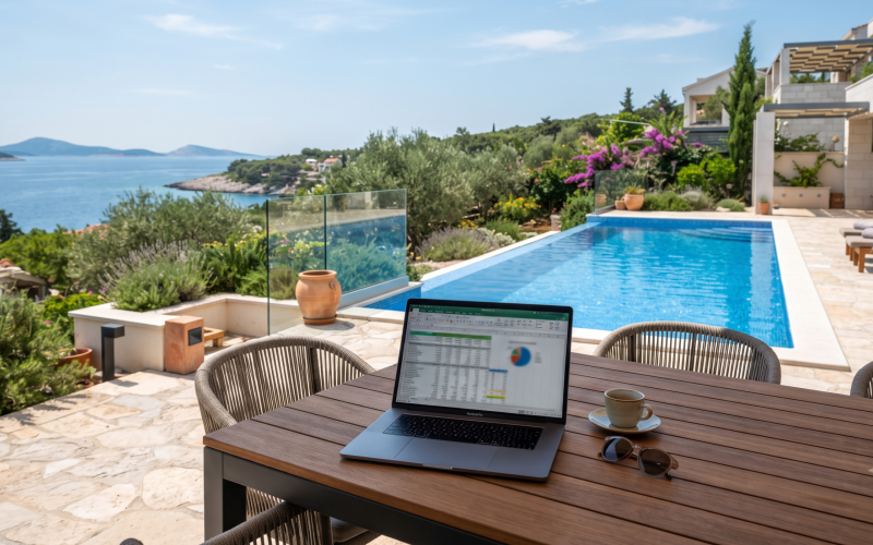 Ein Tablet zeigt einen interaktiven Rendite-Rechner für Ferienimmobilien, im Hintergrund eine luxuriöse Villa mit Pool auf der Insel Krk in Kroatien.