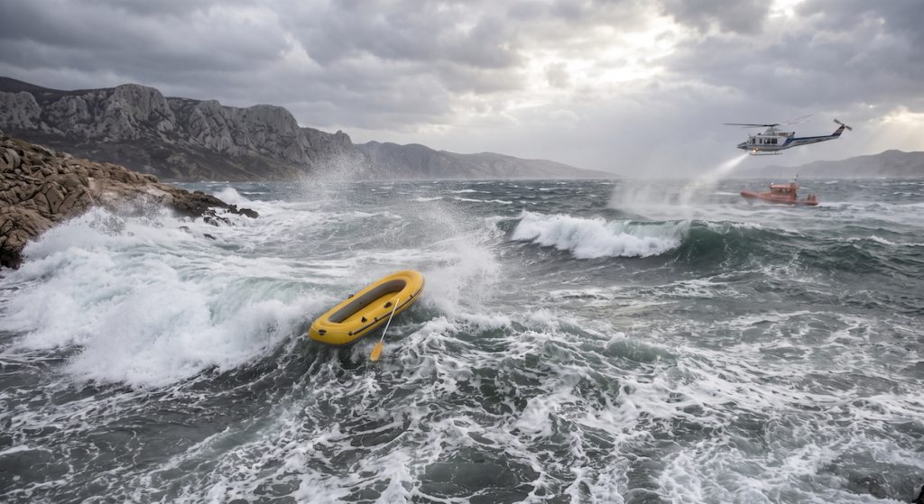 Hohe Wellen und raues Meer vor der Insel Krk während eines starken Bura-Sturms, der für Schlauchboote lebensgefährlich ist.