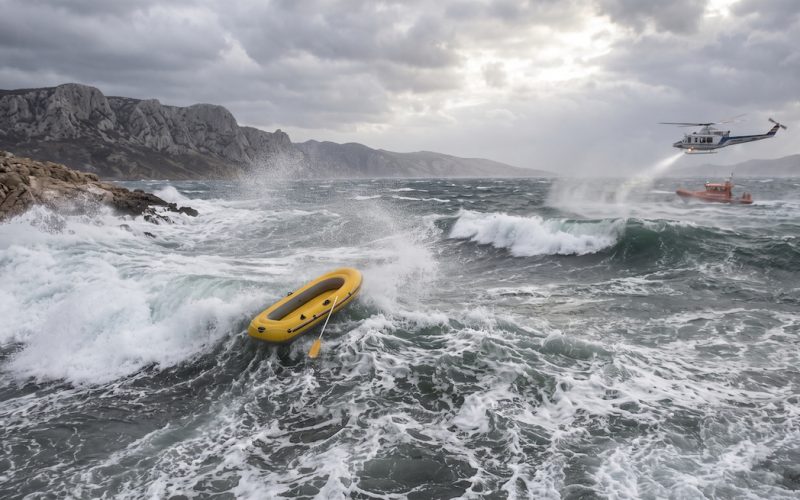 Hohe Wellen und raues Meer vor der Insel Krk während eines starken Bura-Sturms, der für Schlauchboote lebensgefährlich ist.
