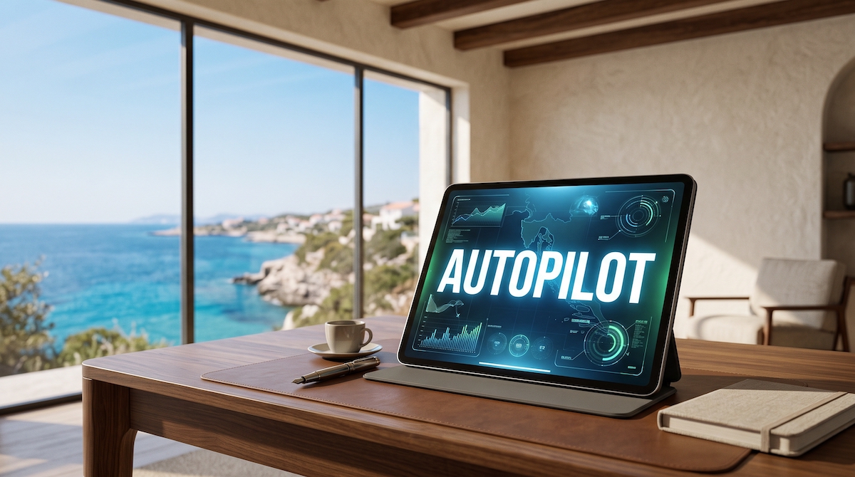 Ein Tablet auf einem Schreibtisch mit der Aufschrift Autopilot, im Hintergrund das Meer in Kroatien. Software für Vermieter von Ferienhäusern.