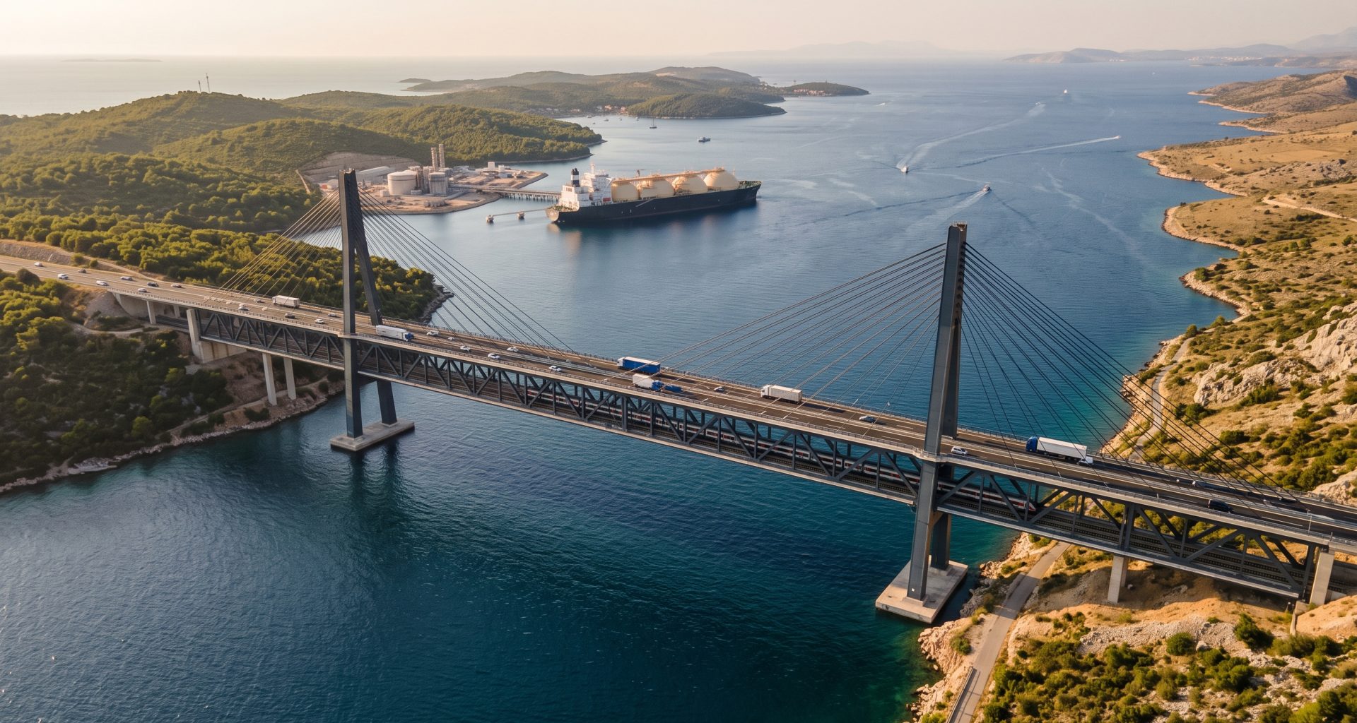 KI-generierte Visualisierung der geplanten neuen Krk-Brücke und des schwimmenden LNG-Terminals vor der Küste Kroatiens.