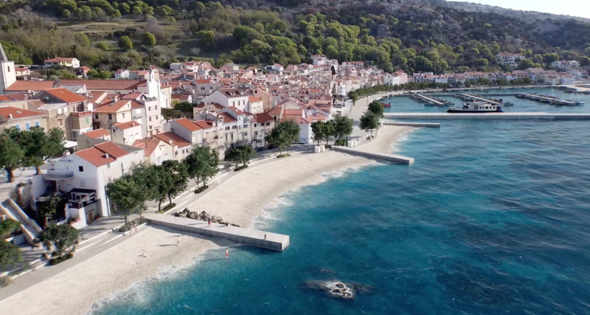 3D-Ansicht des 8-Millionen-Euro Umbauprojekts der Promenade in Baška auf der Insel Krk mit neuem Strandbereich.