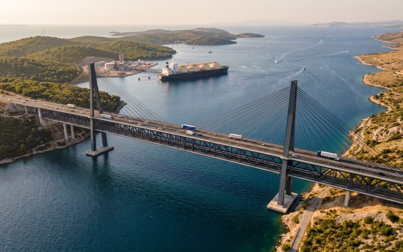 KI-generierte Visualisierung der geplanten neuen Krk-Brücke und des schwimmenden LNG-Terminals vor der Küste Kroatiens.